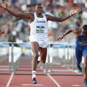 Grant Holloway winning the 110 hurdles at the NCAA Outdoor Track & Field Championships.