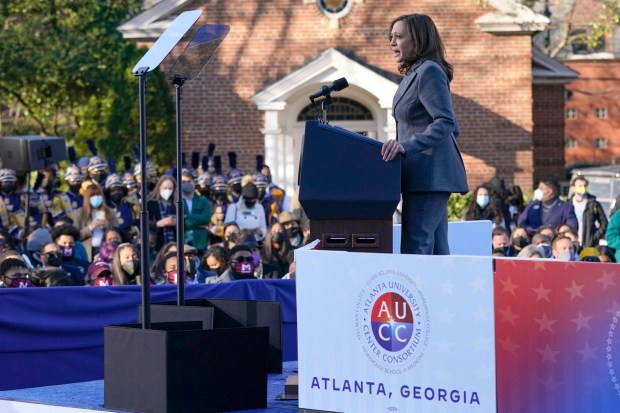 FILE - Vice President Kamala Harris speaks, Jan. 11, 2022, in Atlanta. With President Joe Biden having bowed out of the presidential race and endorsing Harris, their party is suddenly eyeing an expanding map, betting that a new burst of energy and fundraising surge has helped make Georgia, the state that delivered Biden his narrowest victory margin in 2020, a toss-up again. Harris is planning a show of political force on Tuesday, July 30, 2024, in Atlanta, the latest example of just how much the presidential contest against Republican former President Donald Trump has changed. (AP Photo/Patrick Semansky, File)