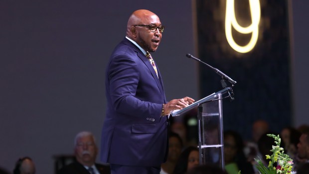 Portsmouth Mayor Shannon Glover gives his State of the City address to members of the Hampton Roads Chamber at the city's new Rivers Casino on Friday, April 21, 2023.