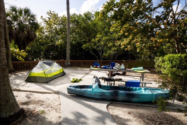 Overnight camping is an option in one of 17 sites on Peanut Island, an 80-acre piece of land in the Intracoastal Waterway near Riviera Beach, on March 24, 2024. (Patrick Connolly/Orlando Sentinel)