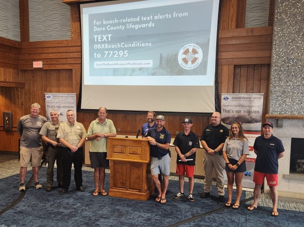 Ocean rescue and emergency management personnel from Dare County, along with a representative from the National Weather Service, gave a press conference on beach safety at Jennette's Pier on Thursday, June 27. (Corinne Saunders/The Virginian-Pilot)