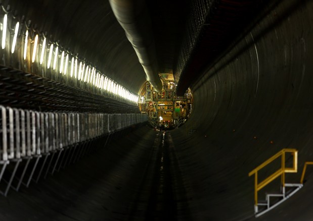 The enormous boring machine inches along the expansion of the southbound tube of the Chesapeake Bay Bridge-Tunnel. As seen Friday, May 3, 2024. (Stephen M. Katz/The Virginian-Pilot)