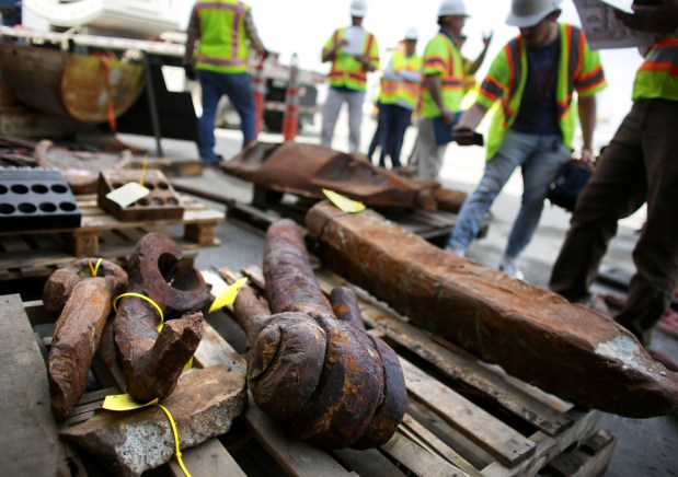 During the expansion of the southbound tube of the Chesapeake Bay Bridge-Tunnel workers faced several obstacles, including a massive ship anchor. As seen Friday, May 3, 2024. (Stephen M. Katz/The Virginian-Pilot)