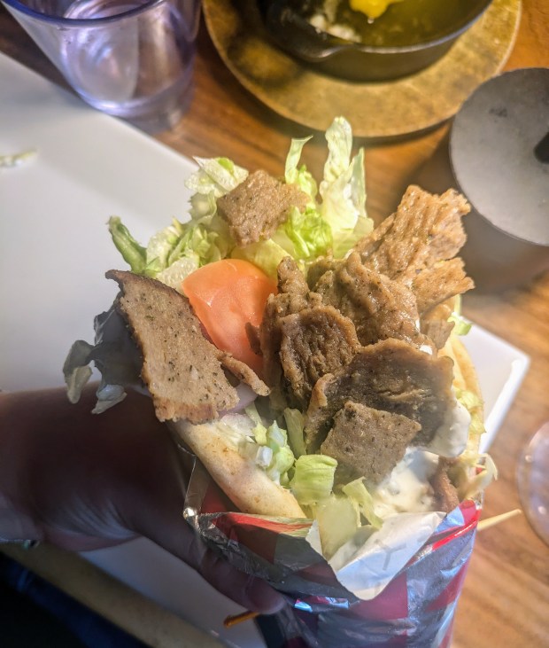 For the main course, I opted for the gyro pita how could I not at a Greek place. As someone who's eaten gyros from street stands in Athens, Oropax's pita did not disappoint. (Avery Goodstine/freelance)