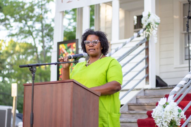 Rev. Dr. Michelle Lewis of Manteo speaks at the fourth annual Juneteenth in Manteo on June 19, 2024. (Corinne Saunders/The Virginian-Pilot)