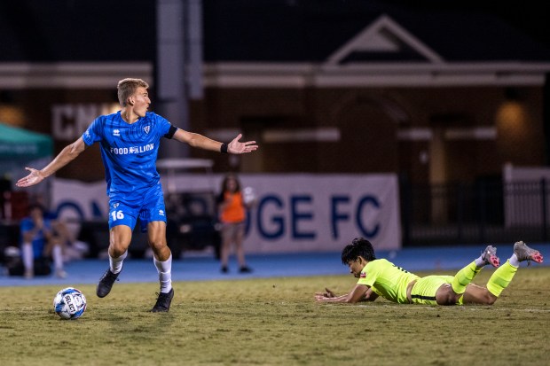 Lionsbridge FC player Denis Krioutchenkov (16) reacts to a call from the referee during a game against the Seacoast United Phantoms during the Eastern & Southern Conference Finals of the USL League Two Playoffs at Christopher Newport University's TowneBank Stadium in Newport News on Friday, July 26, 2024. (Kendall Warner / The Virginian-Pilot)