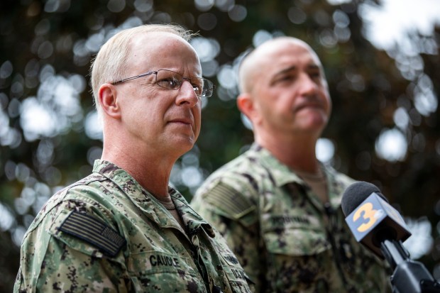 Admiral Daryl Caudle, commander, U.S. Fleet Forces Command, speaks regarding mental health in the U.S. Navy during a press conference at U.S. Fleet Forces Command in Norfolk on Monday, September 25, 2023. (Kendall Warner/The Virginian-Pilot)