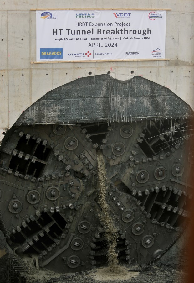 The HRBT Expansion Project celebrated a major milestone Wednesday, April 17, 2024, with the arrival of Mary, the Tunnel Boring Machine, at the North Island. (Stephen M. Katz/The Virginian-Pilot)