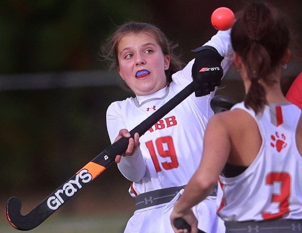 Tabb's Megan Way keeps her eye on the ball during Saturday's Class 3 state championship match. (Stephen M. Katz/The Virginian-Pilot)