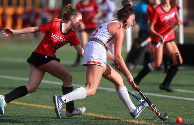 Tabb's Mika Hilburger races toward the goal as she is defended by Meridian's Emma Flanagan during the Class 3 field hockey state championship match Saturday. (Stephen M. Katz/The Virginian-Pilot)