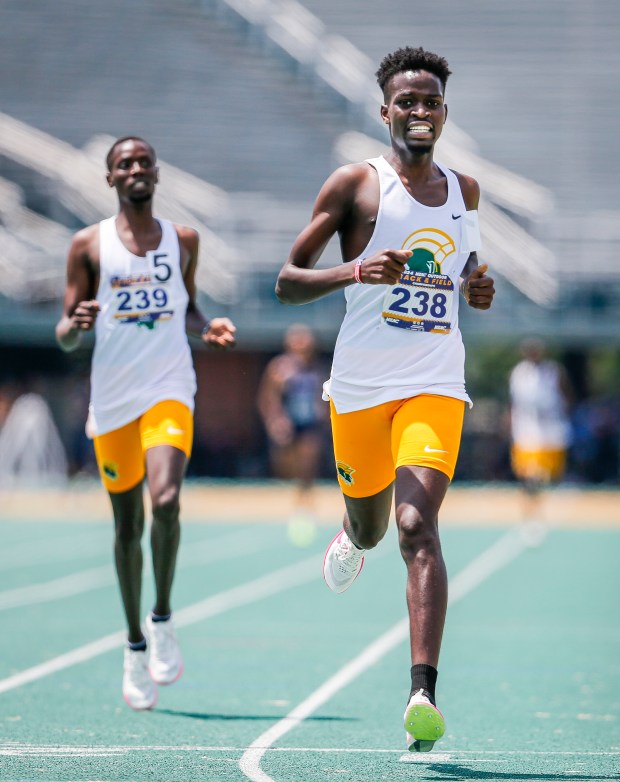 Norfolk State University Victor Jumo crosses the finish line to win the mens 1500meter final at the MEAC Outdoor Track and Field championships at Norfolk State University in Norfolk, Virginia, on May 8, 2024. Jump ran a time of 3:50.43 in the event. (Billy Schuerman / The Virginian-Pilot)