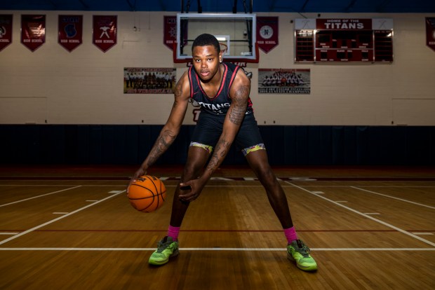 Elijah Washington of Lake Taylor High School for All-Tidewater boys basketball team of the year at Lake Taylor High School in Norfolk on Friday, April 12, 2024. (Kendall Warner / The Virginian-Pilot)