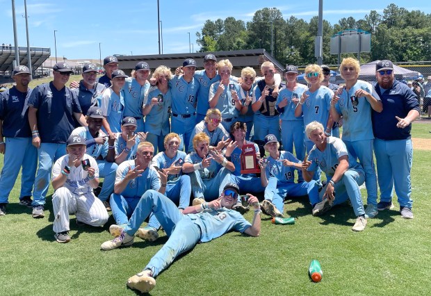 First Colonial High School baseball team celebrates after winning the Class 5 state championship game against Mills Godwin on June 8, 2024. (Jami Frankenberry / Staff)