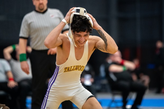 Tallwood's Josiah Irizarry celebrates after defeating Independence's Anthony Ciotoli in the 113 pound VHSL Class 5 State Championship at the Virginia Beach Sports Center on Saturday, Feb. 17, 2024, in Virginia Beach, Va. (Mike Caudill for The Virginian-Pilot)