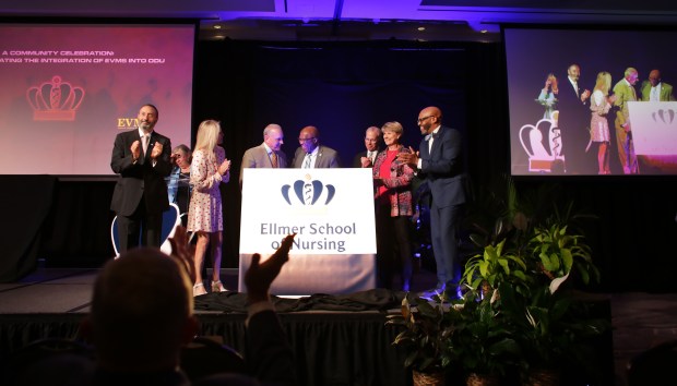 Donors, administrators and local business leaders gather for the announcement of the merger between Old Dominion University and Eastern Virginia Medical School on Friday, June 7, 2024, in Norfolk. (Stephen M. Katz/The Virginian-Pilot)