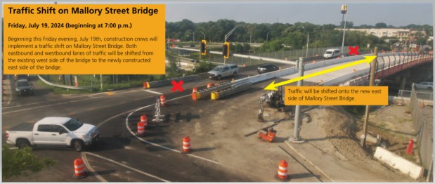 Beginning July 19, 2024, construction crews will implement a traffic shift on Mallory Street Bridge. Eastbound and westbound lanes of traffic will be shifted from the existing west side of the bridge to the newly constructed east side of the bridge. (Provided by the Virginia Department of Transportation)